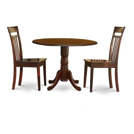East West Furniture 3PC Kitchen Round Table with 2 Drop Leaves and 2 Slatted-back Chairs with Wood Seat DLCA3-MAH-W